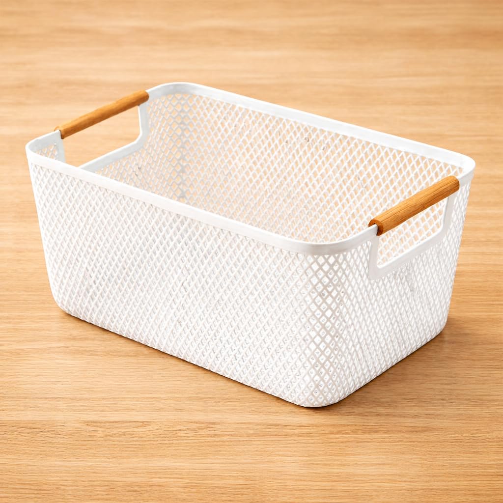 Metal Mesh Storage Basket with Wooden Handles | Multipurpose Organizer for Kitchen, Bathroom, Wardrobe & Living Room | Breathable Rust-Resistant Storage Basket | 30.5 × 21 × 13 cm (White)-image-0