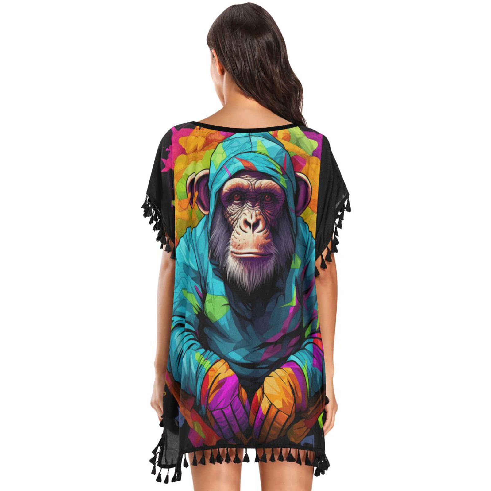 KAAVIYO Colorful Chimpanzee Monkey Women's Beach Cover Up Chiffon Tassel Swimwear Swimsuit Coverups for Girl