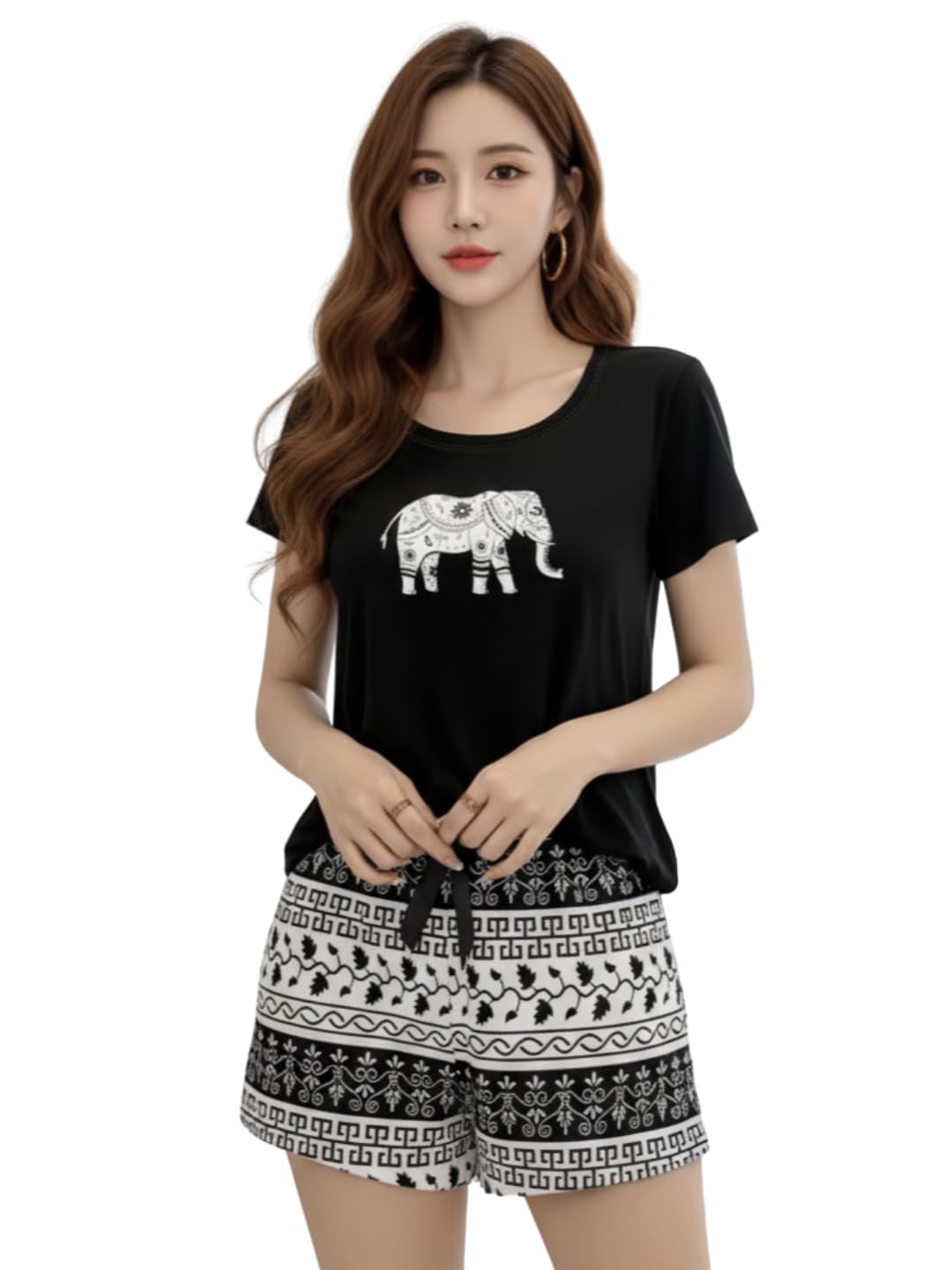 Korean Style Women Cute Printed Night Suit Set | Soft Cotton Blend T-Shirt & Pyjama | Rabbit/Elephant/Emoji Design | Summer Sleepwear for Ladies | Night Dress | Shorts Set for Women-image-29