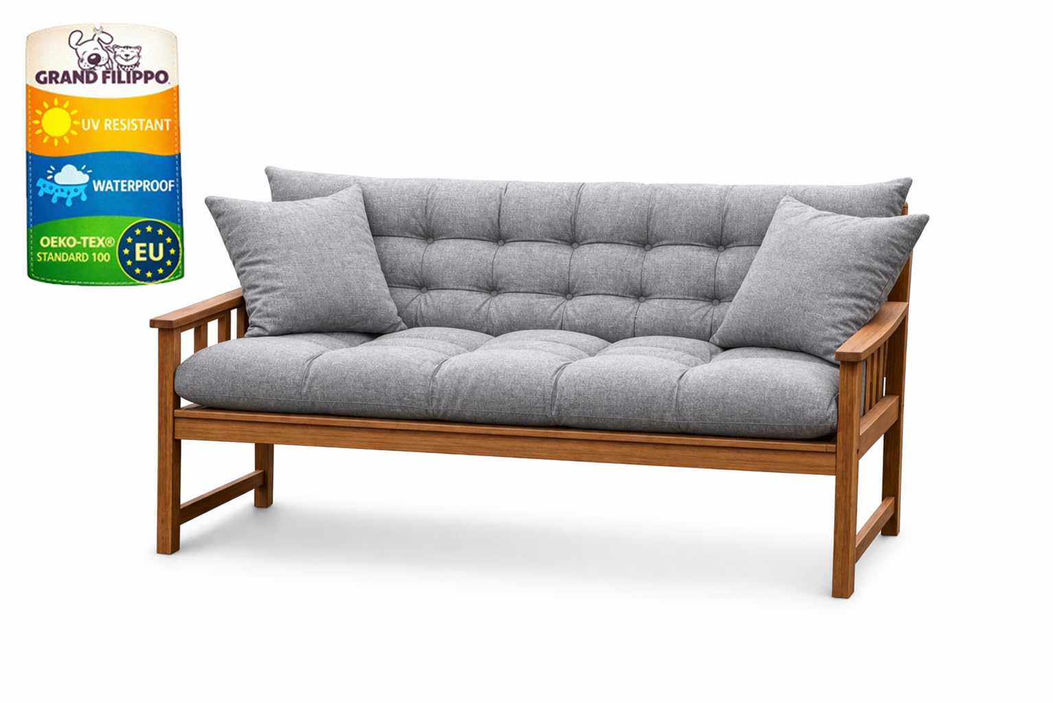 Filippo Bankauflage 180x50x60 - Sitzkissen Outdoor für Hollywoodschaukel mit zwei Kissen 45x45 cm - Bankkissen Wetterfest, Beständig Gegen Schimmel, Handgefertigt mit Befestigungsschnüre