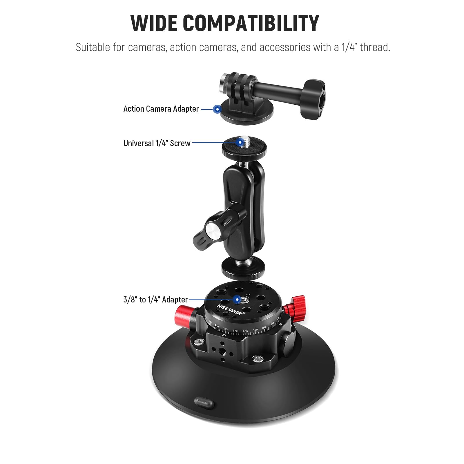 NEEWER Uchwyt na przyssawkę do aparatu 6" kompatybilny z GoPro, głowica kulowa do przedniej szyby z magicznym ramieniem i adapterem Action Cam ściereczka do czyszczenia lustrzanki, uchwyt na telefon