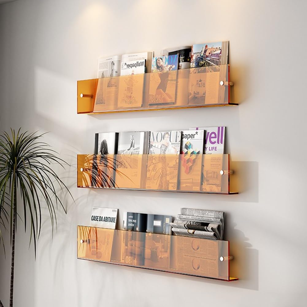 BTYQKZVPM Modern Acrylic Magazine Rack, Acrylic Floating Wall Mounted Shelf Magazine Brochure Holder 3-Pack 40-100cm(Clear,70cm)