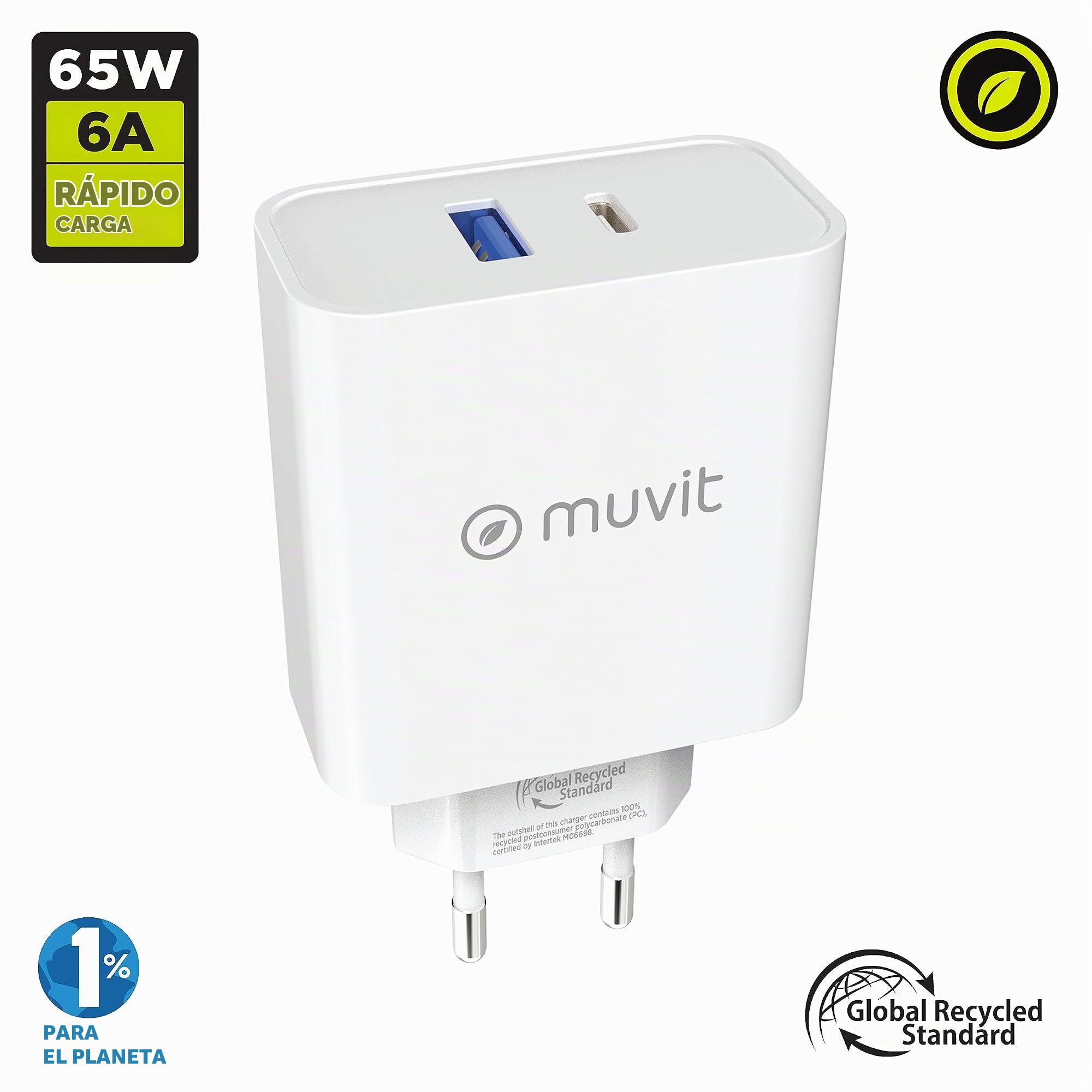 muvit for Change Cargador de Pared 1 USB QC 3.0 18W+1 Tipo C PD 65W Blanco