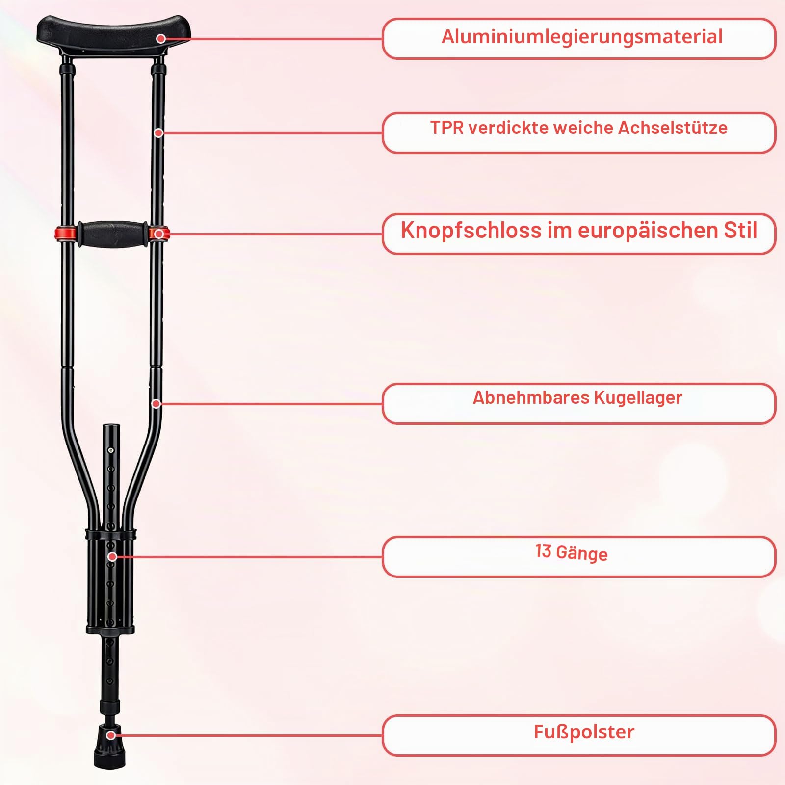 Achselkrücken, 1 Paar Unterarmgehstützen, Höhenverstellbar Krücken, 150KG Belastbar, Leicht Aluminium Universelle Krücken mit Weichen Unterarm- und Handauflagen für Senioren & Behinderte