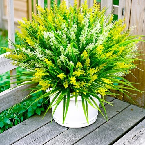 Artificial Plants Outdoor, 20 Pcs Fake Flowers UV Resistant Outdoor Fake Plants, Lavender Artificial Flowers Plastic Fake Faux Flowers Shrubs for Home Porch Garden Yard Window Box (Yellow White)