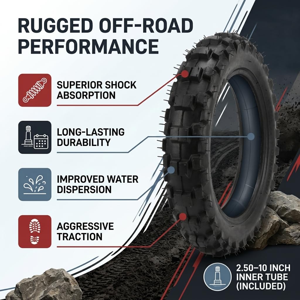 VGEBY Neumáticos de Motocross, Juego de Neumáticos y Cámaras de Aire de 2,50 a 10 Pulgadas, Neumáticos y Cámaras de Aire para Moto de Cross de Caucho Butílico Engrosado con Válvula, VGEBYefk3ar6nz0