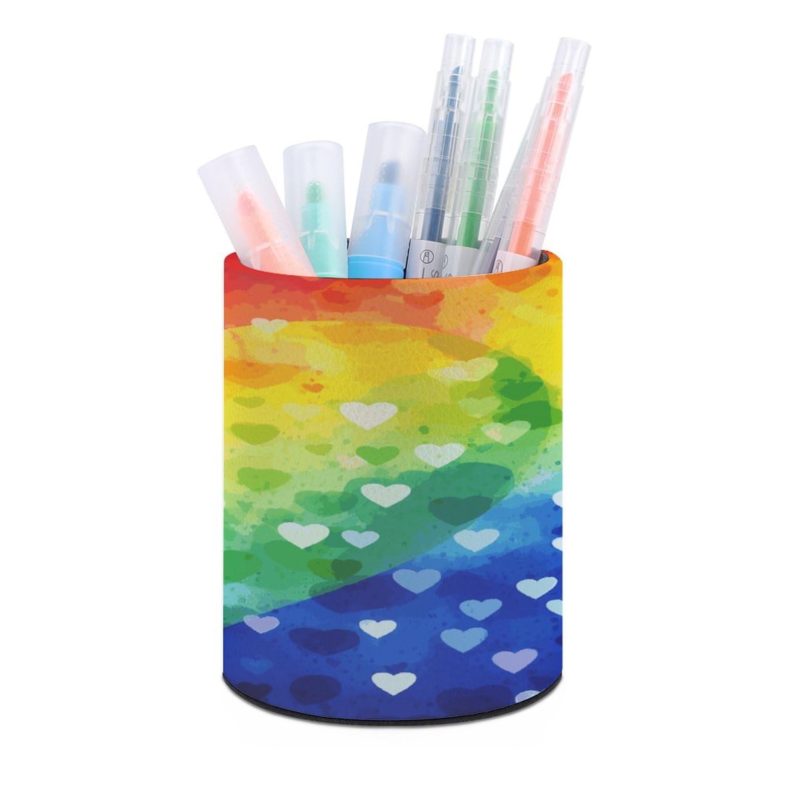FekiLoot Round Leather Pen Holder - Multipurpose Desk Organizer, Modern Pencil Cup, Colorful Rainbow Love Heart Pencil Holder, Unique Makeup Brush Holders for Office Home Supplies & Gifts
