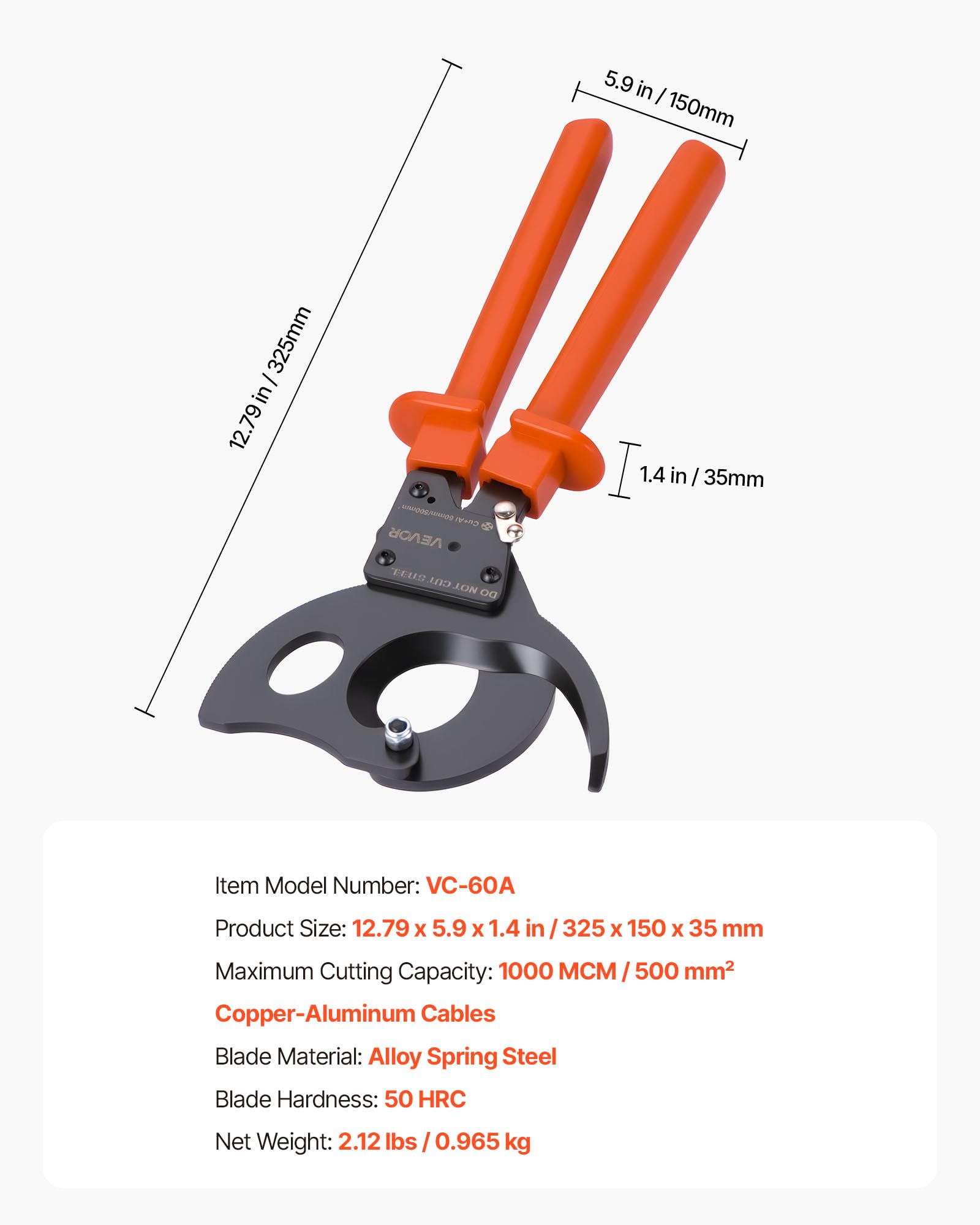 VEVOR Cortador de Cables de Trinquete 325 mm, Cortador de Alambres y Cables de Cobre-Aluminio 300 mm², Cortacables con Hojas de Acero con Mangos Recubiertos de PVC y Botón de Liberación Rápida