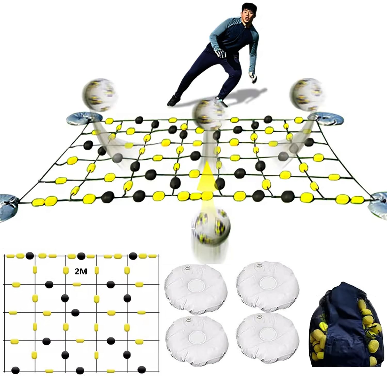 Rimbalzatore da calcio, catena di rimbalzo quadrata per portiere, attrezzatura per allenamento di reazione con borsa portapalle/4*borsa per l'acqua, attrezzatura per portiere di calcio,2m/6.56ft