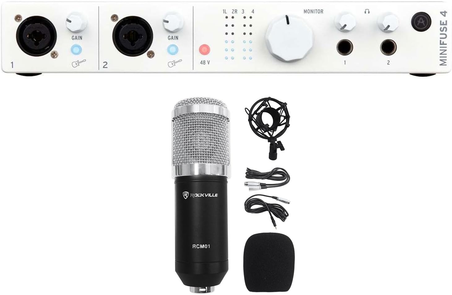Arturia MiniFuse 4 White Bundle: 4x4 USB-C MIDI Audio Interface, RCM01 Pro Studio Condenser Microphone with Metal Shock Mount, 2-Items