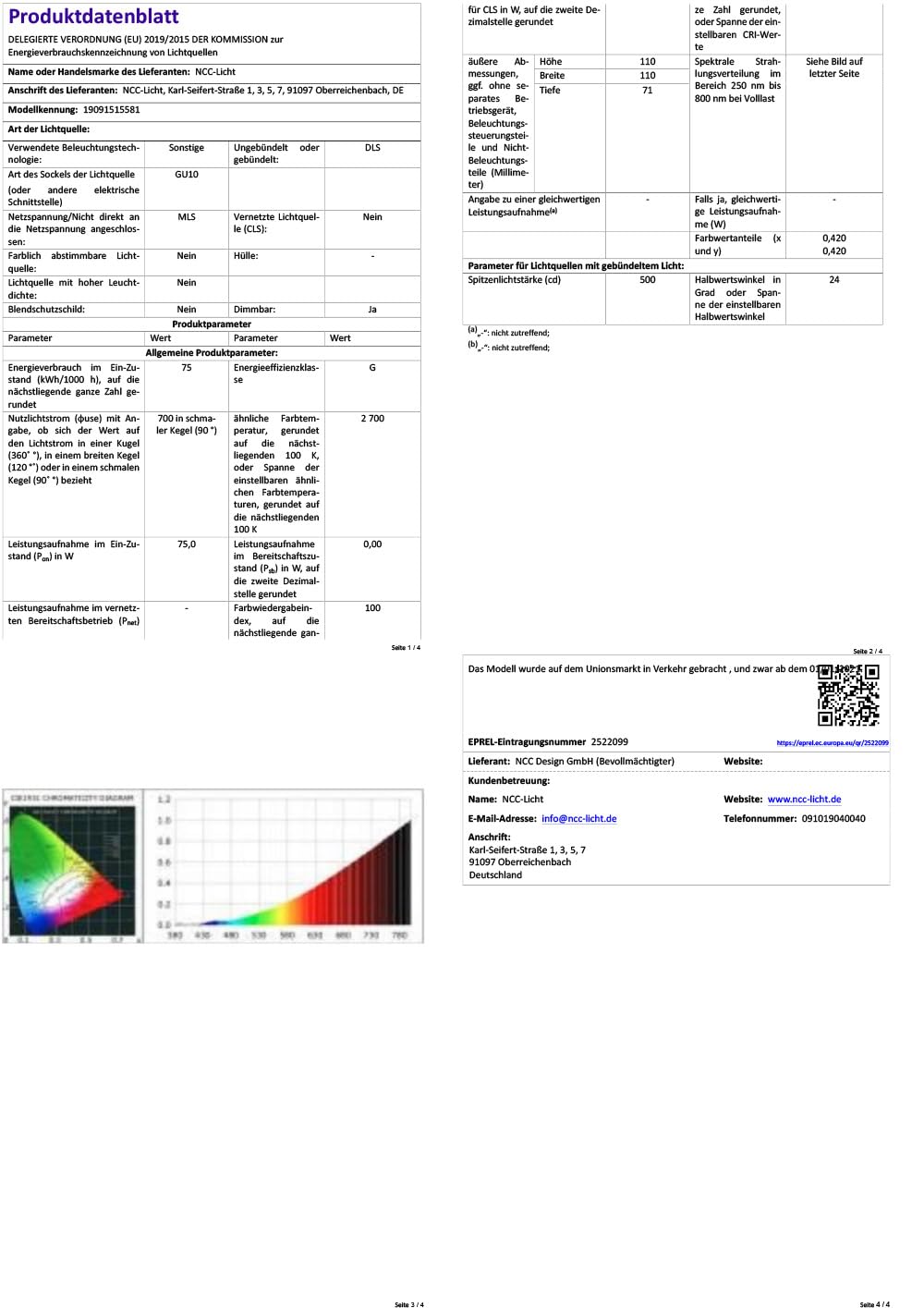 NCC-Licht 10 x Reflektor ES111 75W GU10 230V Warmweiß 2700K 24° dimmbar mit Blendschutz