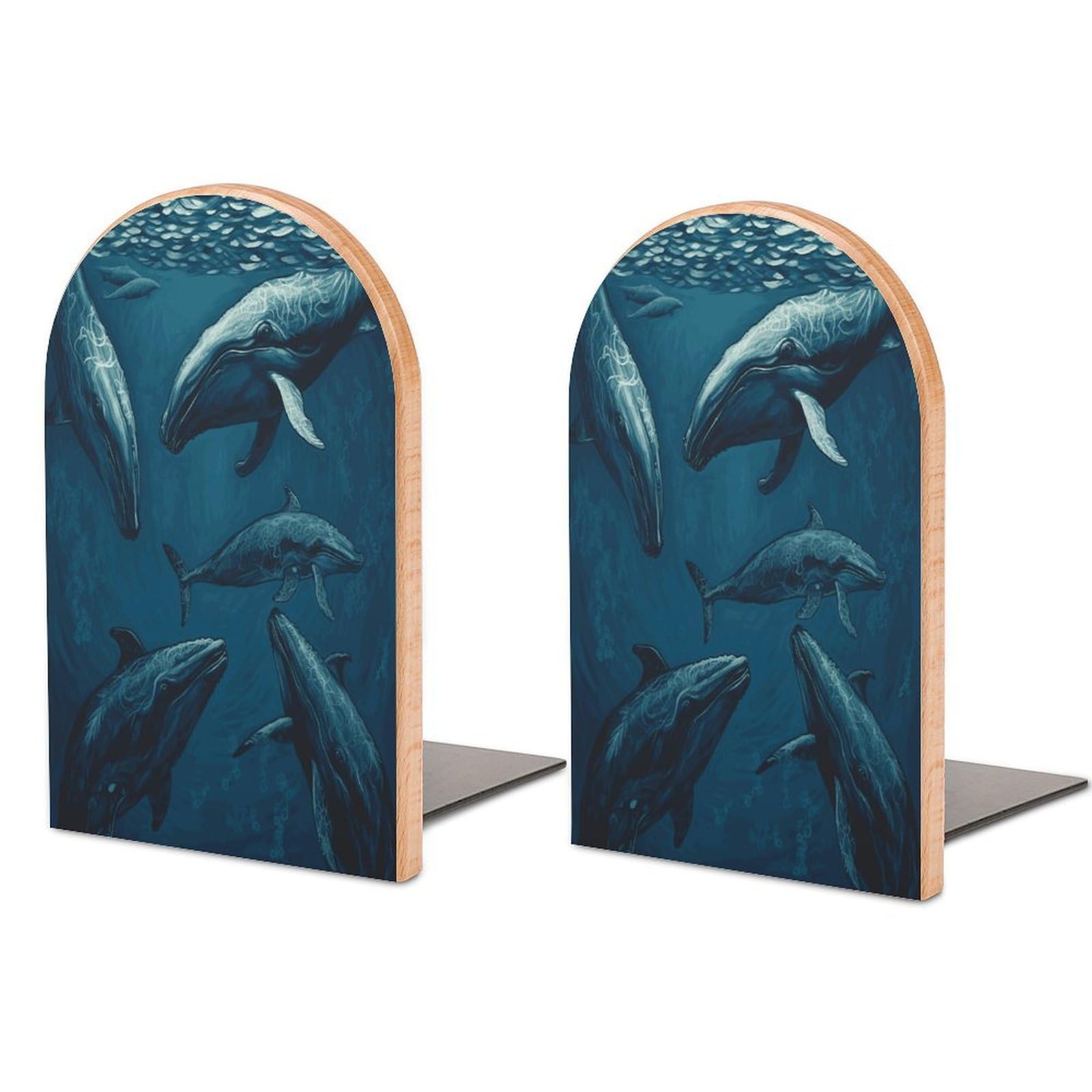 Ocean Whale Bookend for Shelves Non-Skid Book Holder Modern Heavy Duty Bookend Stopper Metal Base Wood Book End Books Shelf Holder Home Decorative 1pair 5x3.9x3.1