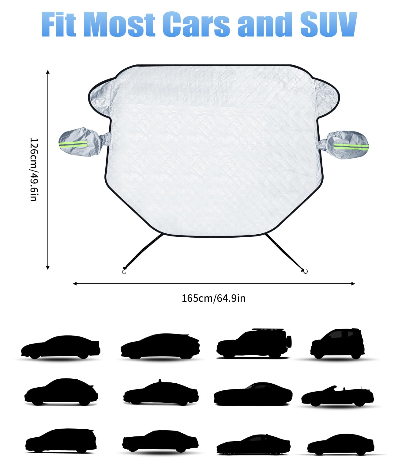Bache Voiture Dégivreur Pare Brise et Rétroviseurs Latéraux, 5couches Protection Pare Brise Hiver for SUV, Camping-cars, Camionnettes et Camions, Bache Protection Voiture et Sangle D'accrochage