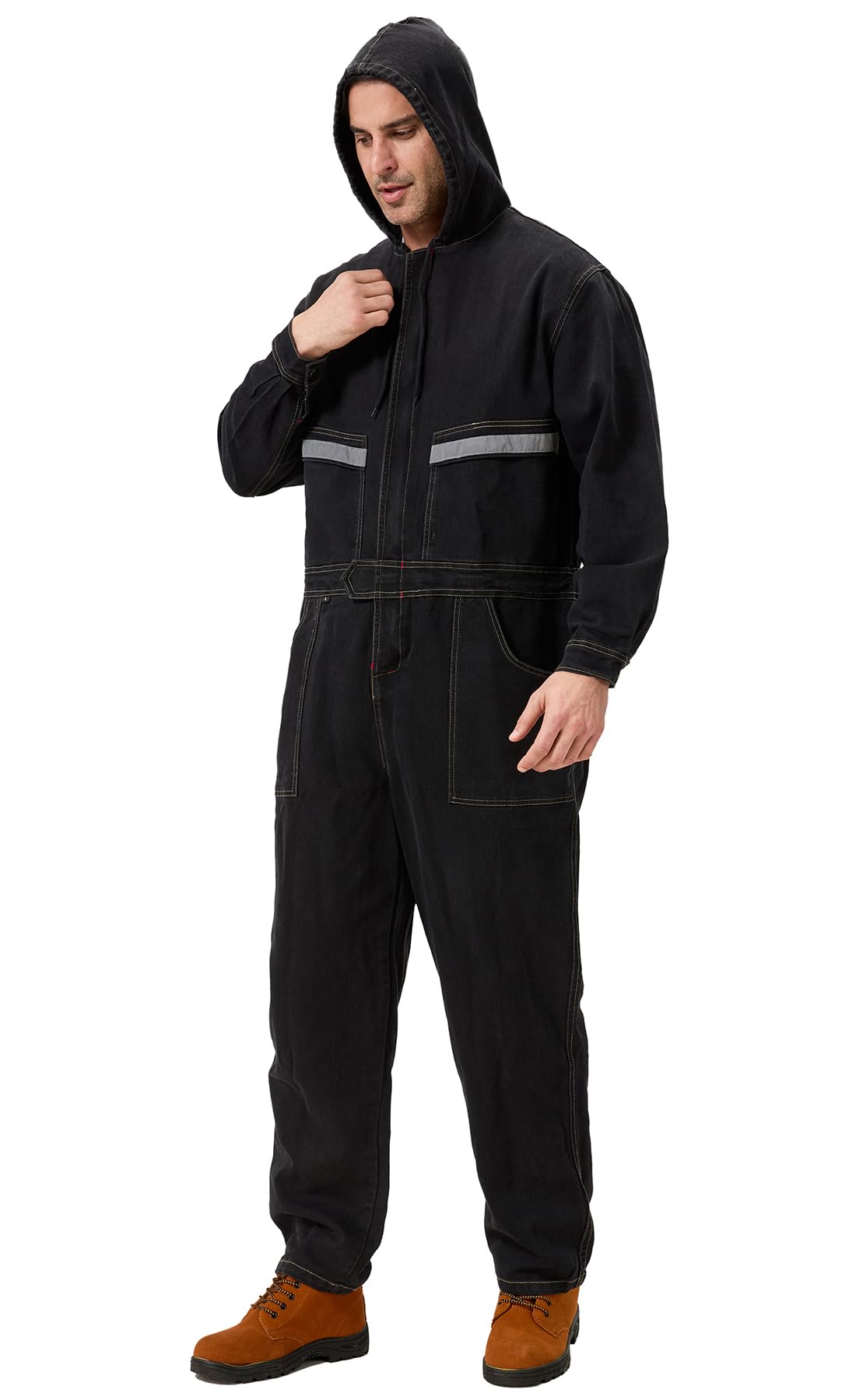 Overol de trabajo de mezclilla para hombre con capucha, overol de trabajo resistente, de alta visibilidad, con pantalones vaqueros, color negro, talla M