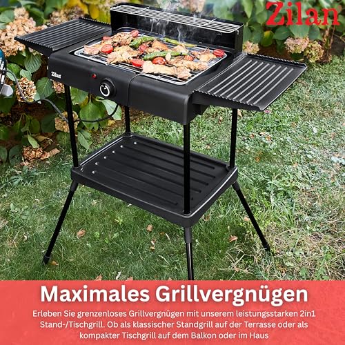 2in1 Elektro Grill Standgrill Tischgrill elektrisch 2.400 Watt - Elektrogrill für Balkon, Draußen & Drinnen mit Standfuß große Grillfäche Stufenloser Temperaturregler elektrischer BBQ Grill 3