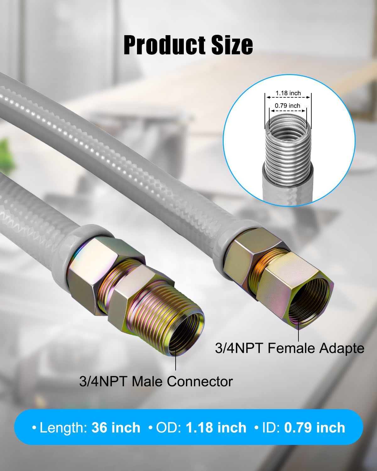 36" 3/4"MIP x 3/4"FIP Gas Flex Line, (1"OD) Full Flow PVC Coated Flexible Gas Connector Hose Supply, Gas Hose for Indoor and Outdoor, Gray