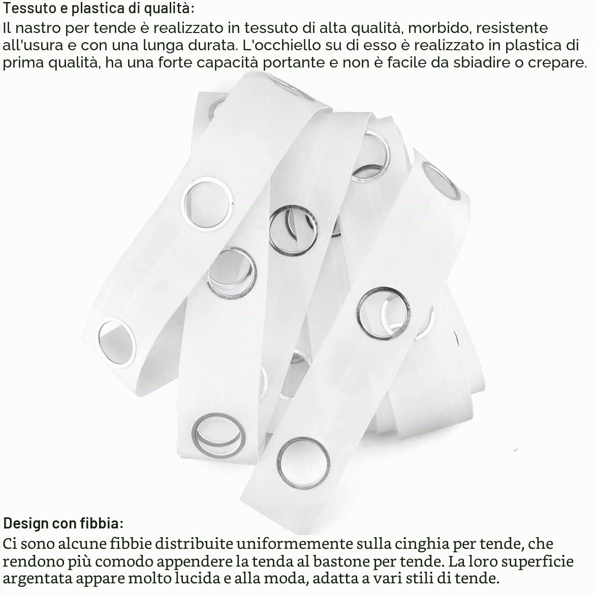 Nastro per Tende Con Occhielli, 10 m, 60 Anelli, Accessori per Cucito, Argentate, per Tendaggi Perforati, Decorazione Fai Da Te