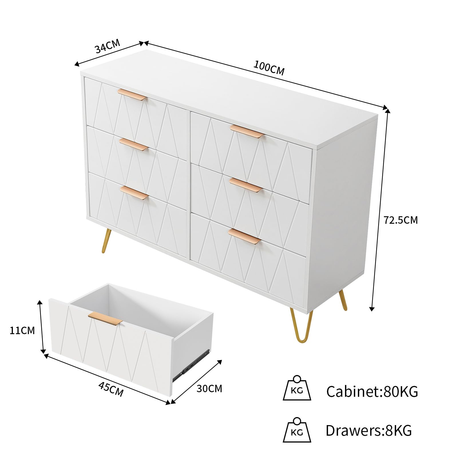 Commode 6 Tiroirs 100cm, Commode pour Chambre à Coucher, Enfant, Salon ou Couloir, Moderne Tiroirs Meuble de Rangement, 100x34x72.5 cm, Blanc