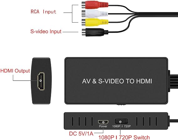 Dingsun SVideo to HDMI Converter 3RCA AV S-Video R/L Audio Vdieo Converter Adapter Support 1080P/720P Support WII U PS2/ PS3 STB Xbox VHS VCR Blu-ray DVD Player
