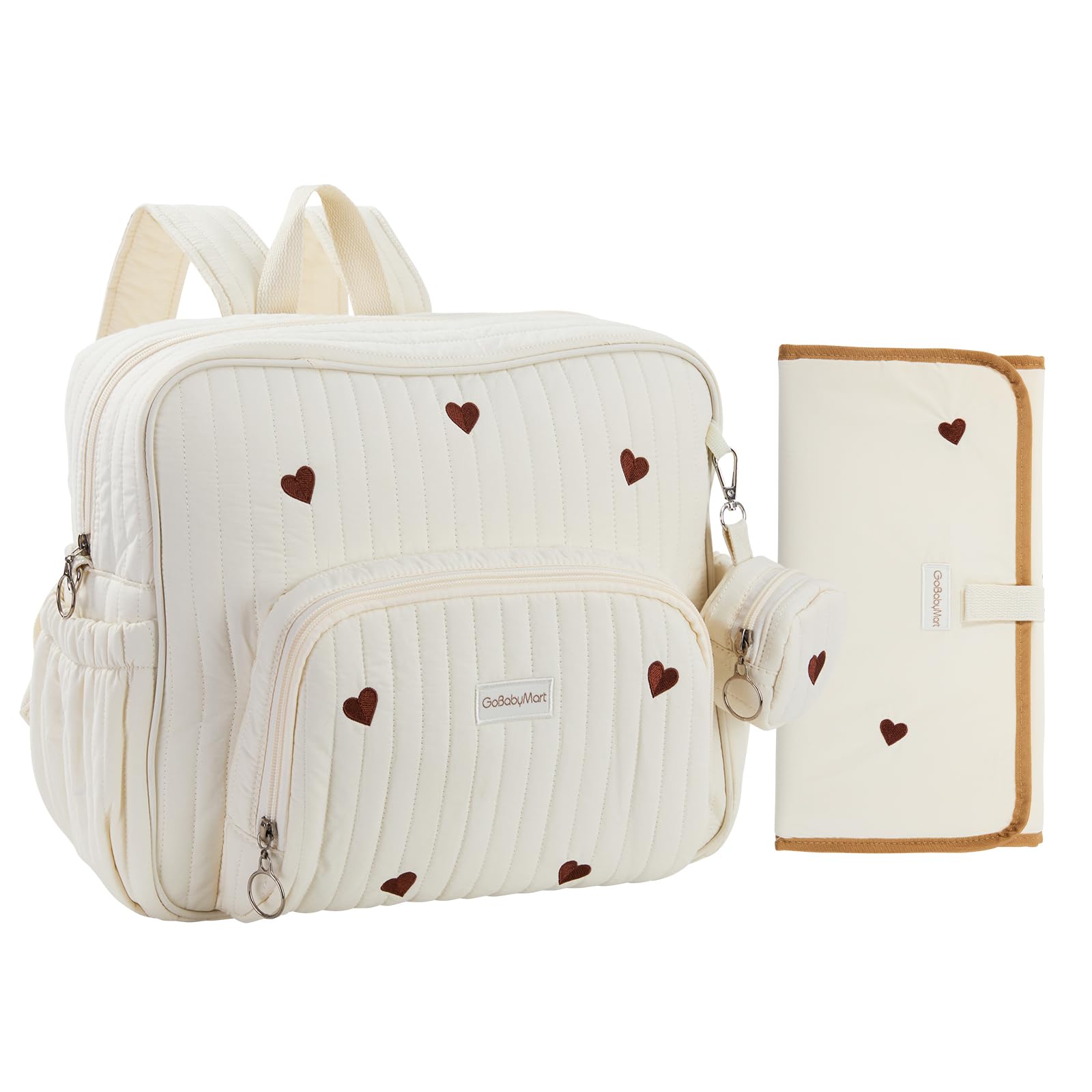 GOBABYMART Diaper Bag Backpack with Changing Pad - Travel Baby Bag, Insulated Bottle Pockets, Stroller Straps (Medium - Beige Hearts)