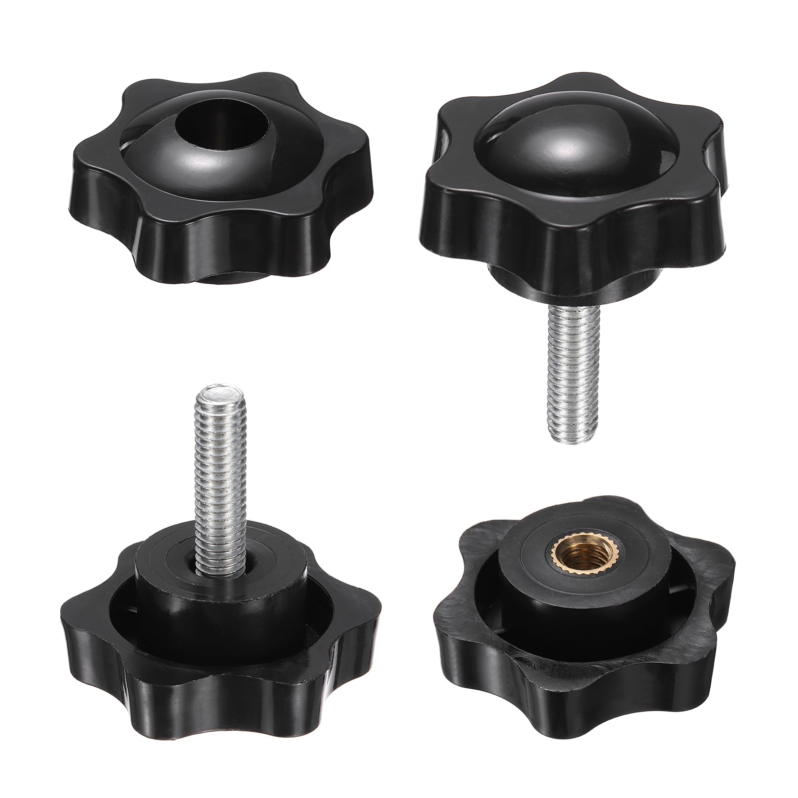 sourcing map 2 Set Star Knobs M6 x 20mm Male + M6 Female Thread 38mm Head Metric 6-Star Threaded Stud Clamping Handles Screw in Through Hole Hand Jig Knob Thumb Screws, Black