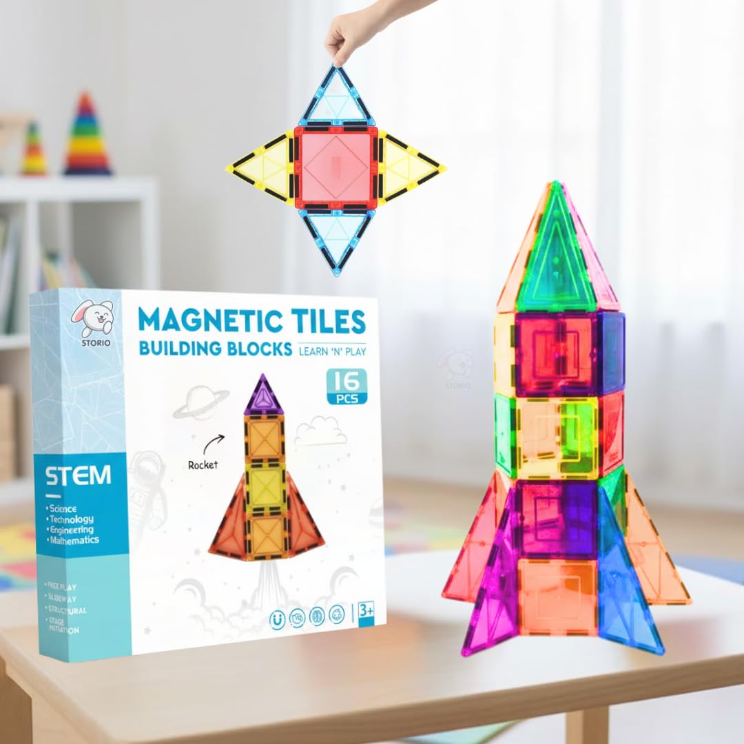 Storio Magnetic Tiles Building Blocks for Kids 3 4 5 6 7 8 Years,Educational Learning Toys for 2 3 4 5 Year,Magnetic Toys for Kids,Learning Educational Brain Toys - 16 Pcs