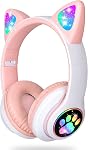 Kids Headphones,BREIS Cat Ear LED Light Up Foldable Bluetooth Headphone for Kids,2 in 1 Wired/Wireless Mode HD Stereo Sound for PC/Phone/iPad/Study/Travel