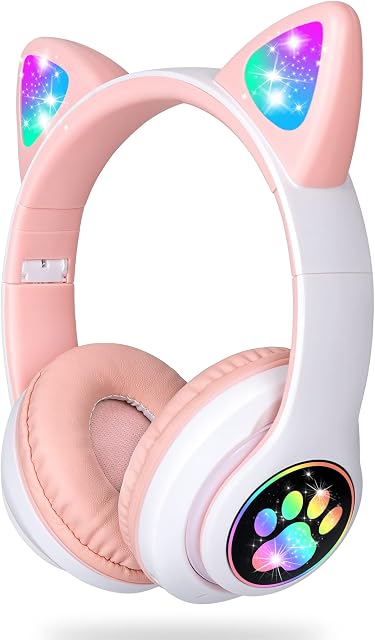 LAIBUY Kids Headphones, Cat Ear LED Light Up Foldable Bluetooth Headphone for Kids,2 in 1 Wired/Wireless Mode HD Stereo Sound for PC/Phone/iPad/Study/Travel