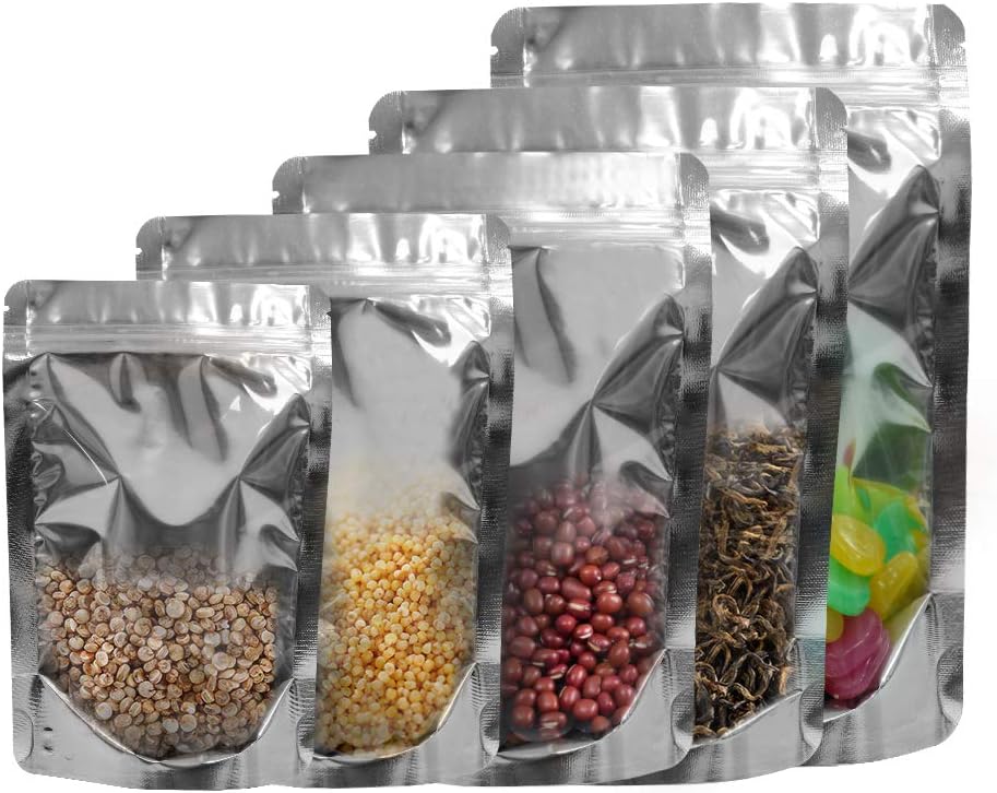 Mylar Bags Resealable Ziplock Stand Up Food Storage Aluminum Foil Bag 50 Pack Reusable Pouches 5 Different Sizes for Beans Coffee Cookie Snack Food Dried Flowers Tea