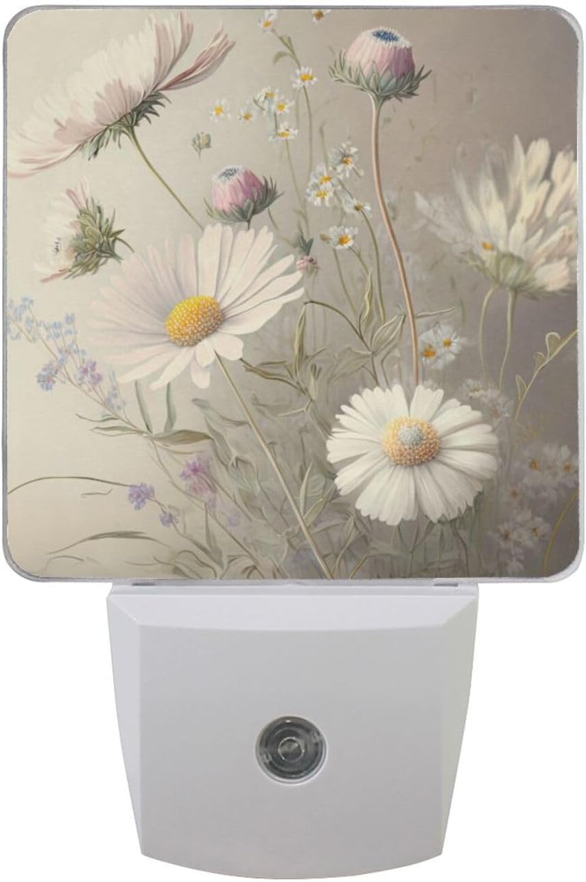 ZENWAWA Night Light Plug into Wall Vintage White Daisy Print 2 Pack Auto Dusk to Dawn Sensor LED Night Lamp 3×4.5×1.4 inch