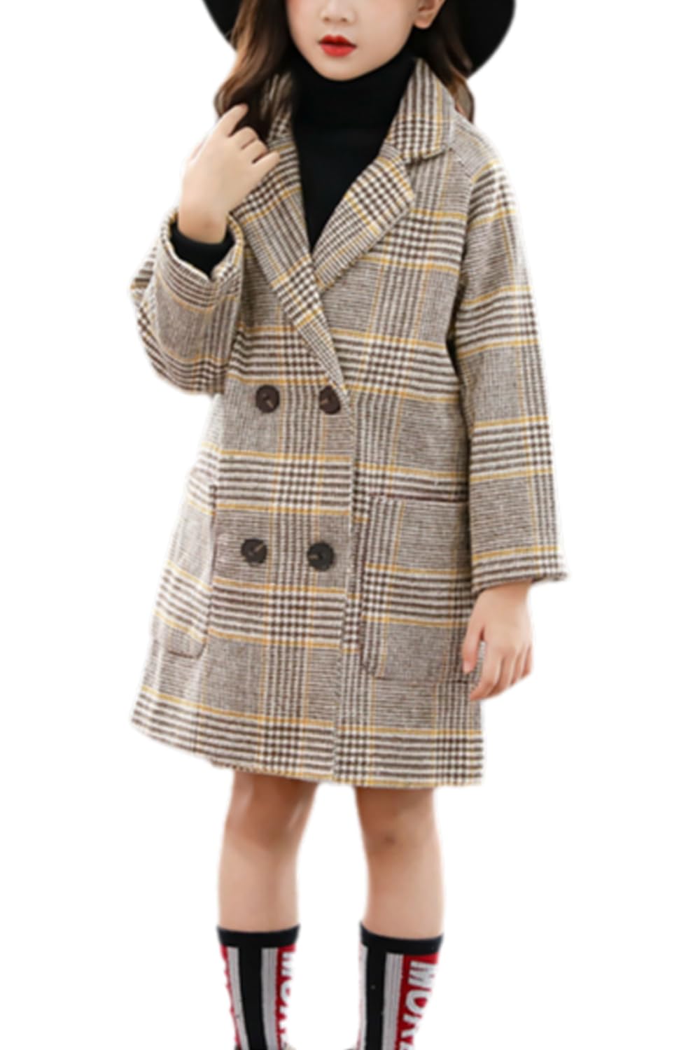 Boys Girls Winter Pea Coat Dress Coats Notched Lapel Collar Double Breasted Plaid Over Coats Long Jackets for Kids