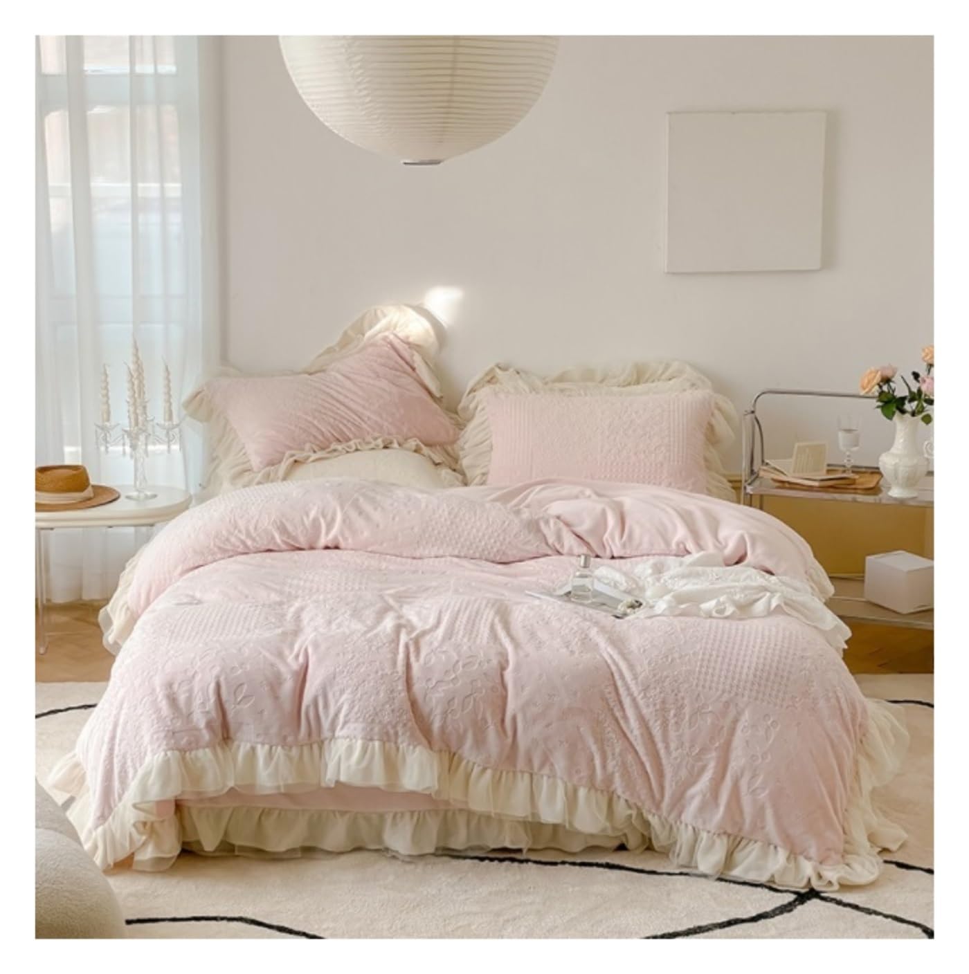 Parure de lit 4 pièces en velours rose pour lit double 1,5/1,8 m