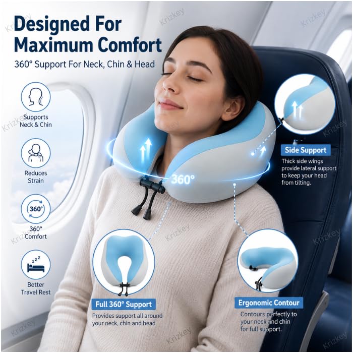 Image of Memory Foam Travel Neck Pillow with Portable Storage Case | Soft U-Shaped Neck Support Cushion for Airplane, Car, Train & Office | Lightweight Ergonomic Travel Pillow (Grey and Blue)