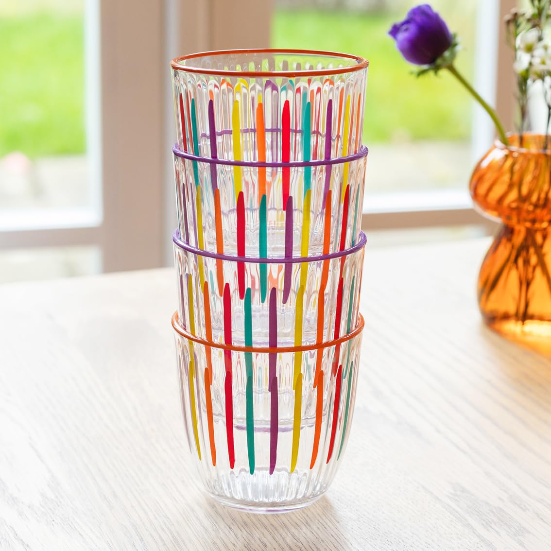 Talking Tables 6 x Trinkgläser aus Glas, Regenbogenfarben, gestreift, für Wasser, Saft, Cocktail, Sommer, Geburtstag, Party, Restaurants, Catering, Grillen, 290 ml