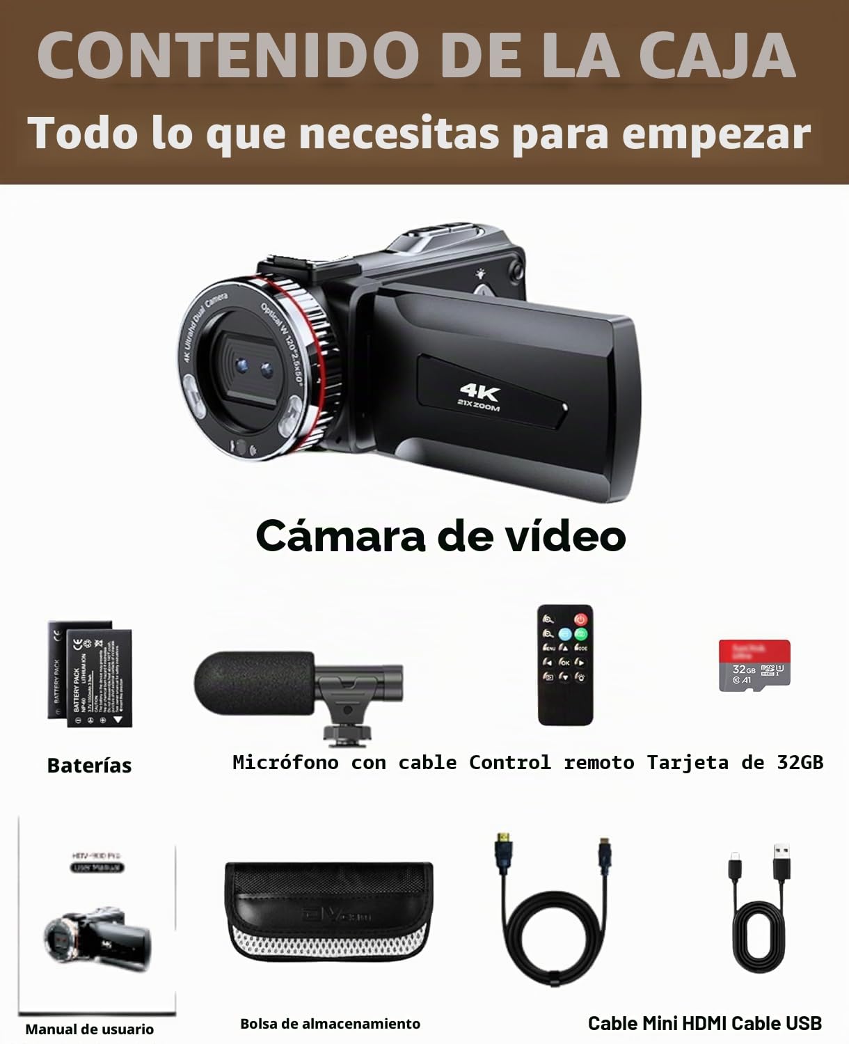 Cámara de Vídeo 4K 48MP, Videocámara con Zoom Digital 21X, Cámara de Vlogging con Pantalla de 3.0'' 270°, Cámara Vídeo con Luz de Relleno LED con 2 Baterías, Micrófono, Cable HDMI, Tarjeta de 32 GB