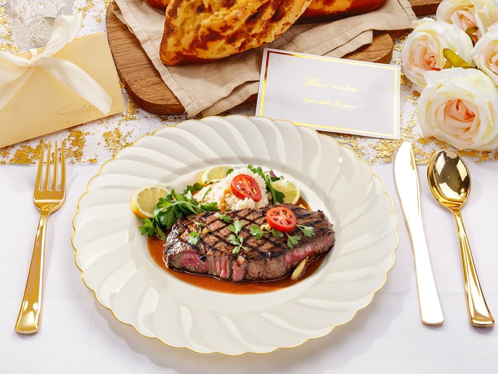 YOUBET 50 Pack Ivory Scalloped Plastic Plates 10.25 Inch Ivory Disposable Plates with Gold Rim - High End Elegant Vintage Dinner Plate for Birthday Parties & Wedding - Image 8