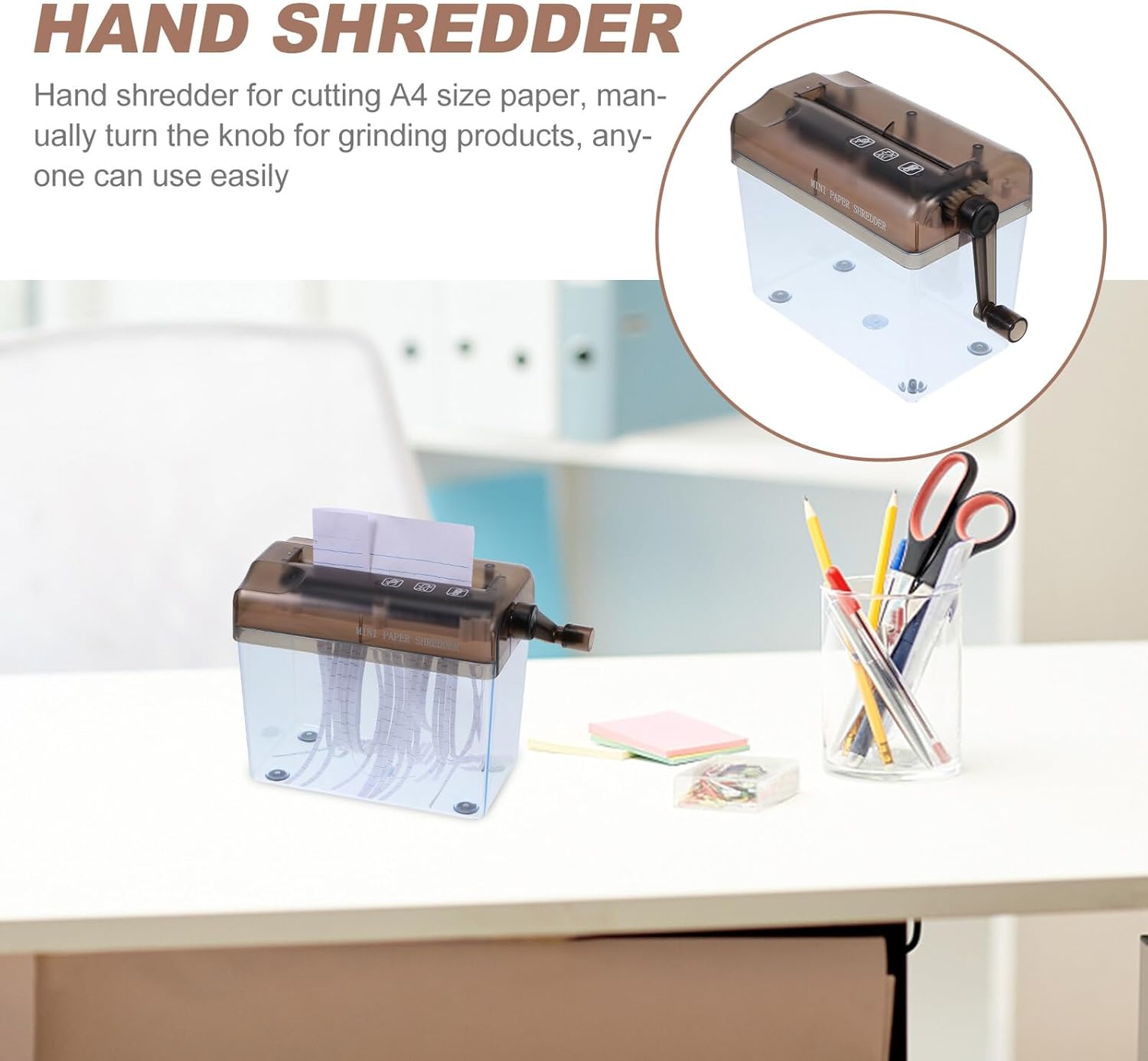 Homoyoyo Manual Desktop Hand Shredder for Office and Home Portable Mini Paper Cutter with Wastebasket Clean Handheld Document Shredding Tool for Bills Receipts and Bank Statements