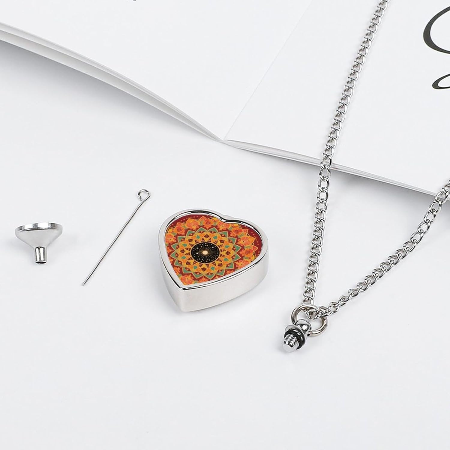 Mandala Print Cremation Heart Pet Ashes Necklace image 4