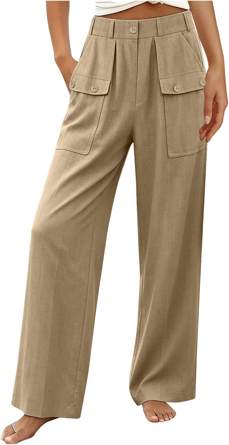 Women's High Waisted Linen Blend Wide Leg Pants with Button Pockets Casual Straight Leg Trousers for Work Office