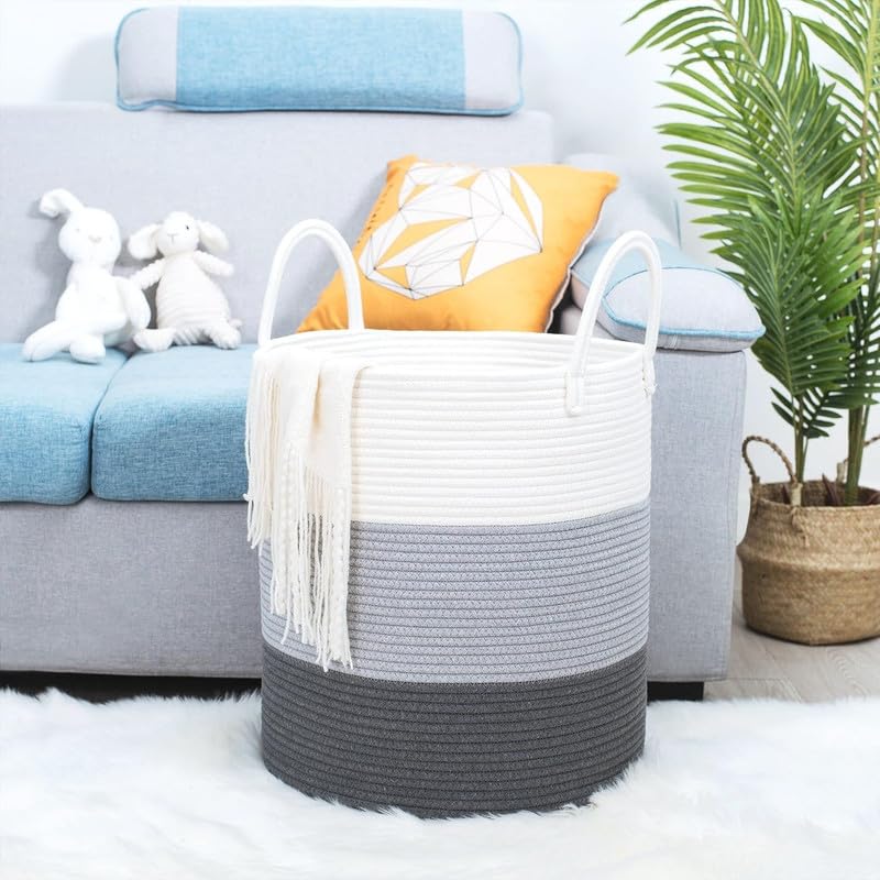 HOMYBASK® Rope Laundry Hamper Storage Basket for Clothes, Towels and Blankets in Livingroom, Bedroom, Laundry Room and Basket for Nursery Storage (Tiranga, 14x16 Inch)