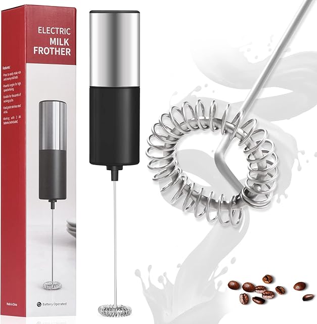 AONCO Milk Frother Handheld Electric, Battery Operated Stainless Steel Mini Milk Frother Whisk Mixer Foam Maker for Coffee, Matcha, Latte, Cappuccino, Hot Chocolate