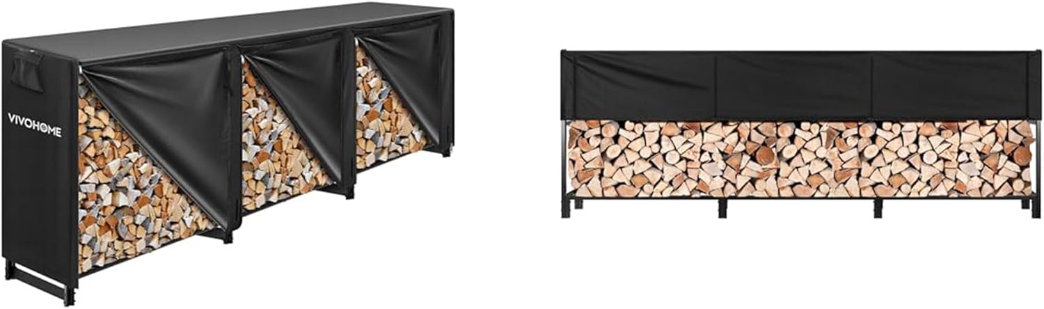 VIVOHOME 10ft Heavy-Duty Firewood Rack with Cover, Outdoor Log Holder Combo, Black and Upgraded 12ft Heavy-Duty Firewood Rack with Cover, 4400lb Capacity Log Holder, Black