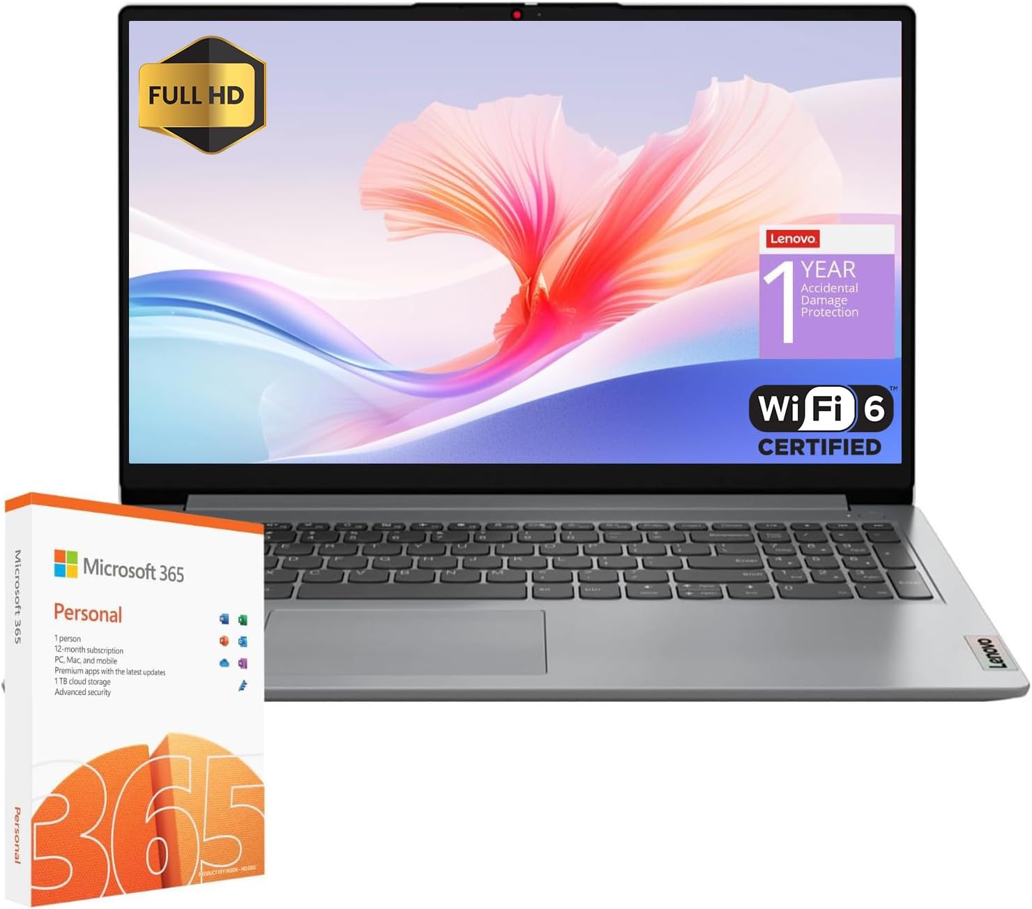 Lenovo IdeaPad 1 Student Laptop, Intel Dual Core Processor, 8GB RAM, 128GB eMMC + 1TB OneDrive, 15.6" FHD Display, Office 365 Lifetime for the Web, Win11 H, Webcam w/Privacy Shutter