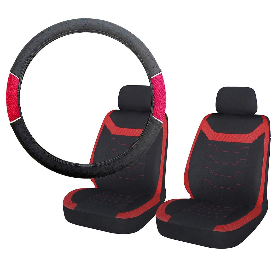 UKB4C Car Seat Covers Front Pair Universal Carseat Protectors for Driver and Passenger Automotive Accessories Interior (Red with Red Mesh Steering Wheel Cover)