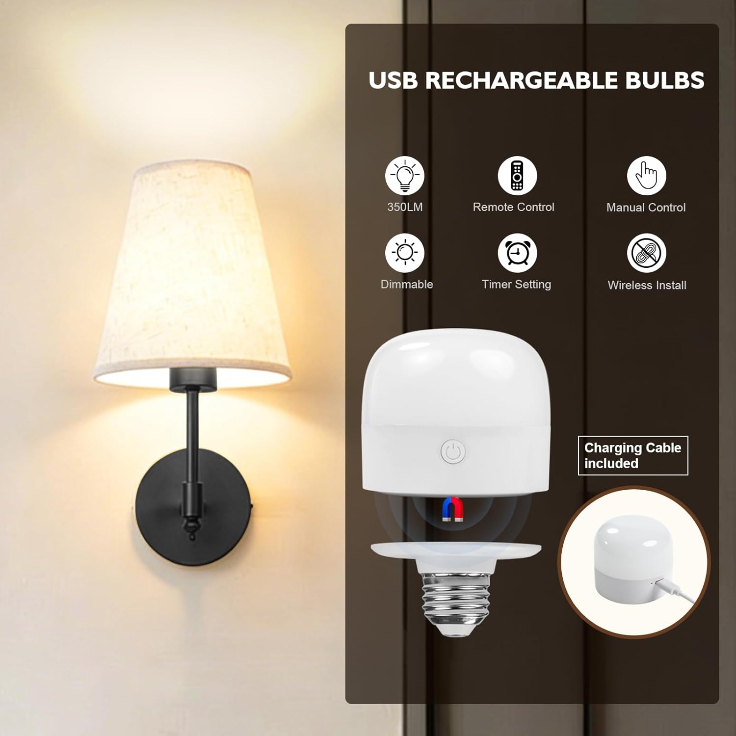 JackonLux Battery Powered Sconces Set of 2, Dimmable Wireless Wall Light with 2600 mAh RGBW Detachable Rechargeable Bulbs and Remote for Bedroom, Living Room and Hallway (Black, 16.5 Inch)