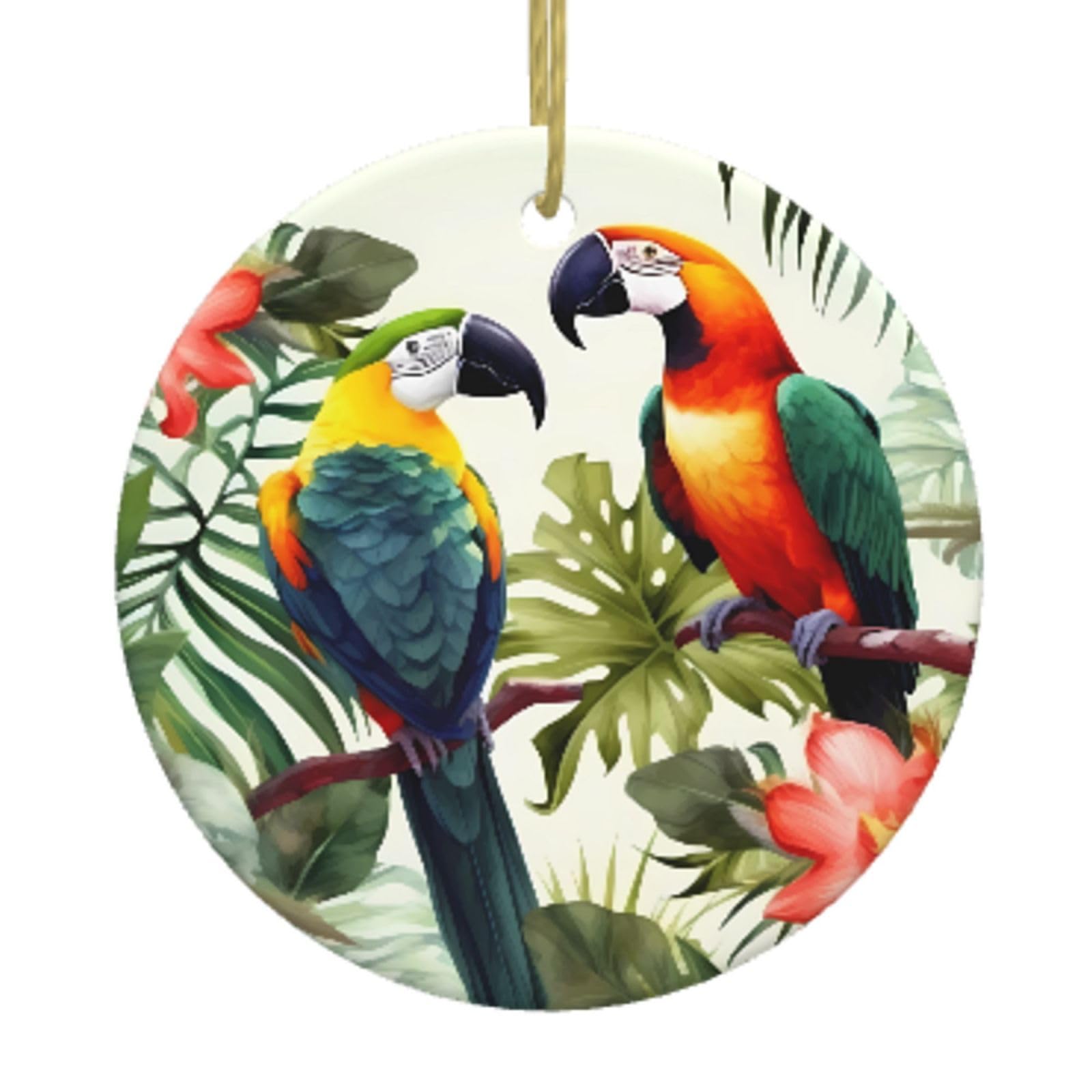 Ceramic Christmas Tree Hanging Ornaments with Gold Ropes Christmas Tree Decorations Round Ceramic Toucans Parrot Palm Tree Leaves Pendant Keepsake Decorations for Holiday Xmas Gift Ideas