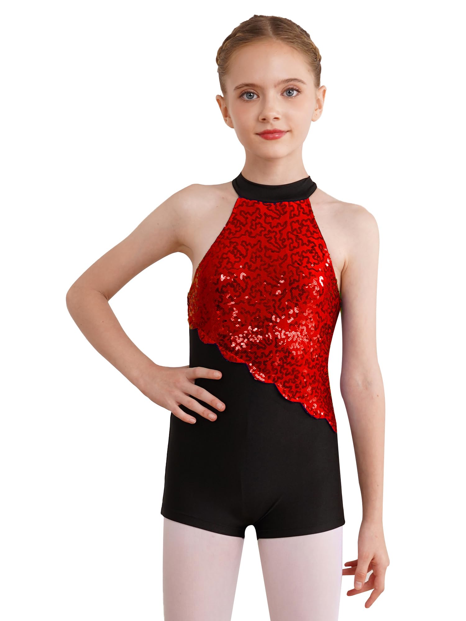 IEFIEL Mono Corto de Deportiva Danza para Niña Maillot Lentejuelas de Gimnasia Rítmica sin Manga Leotardo Danza Mono de Patinaje 5-16 Años