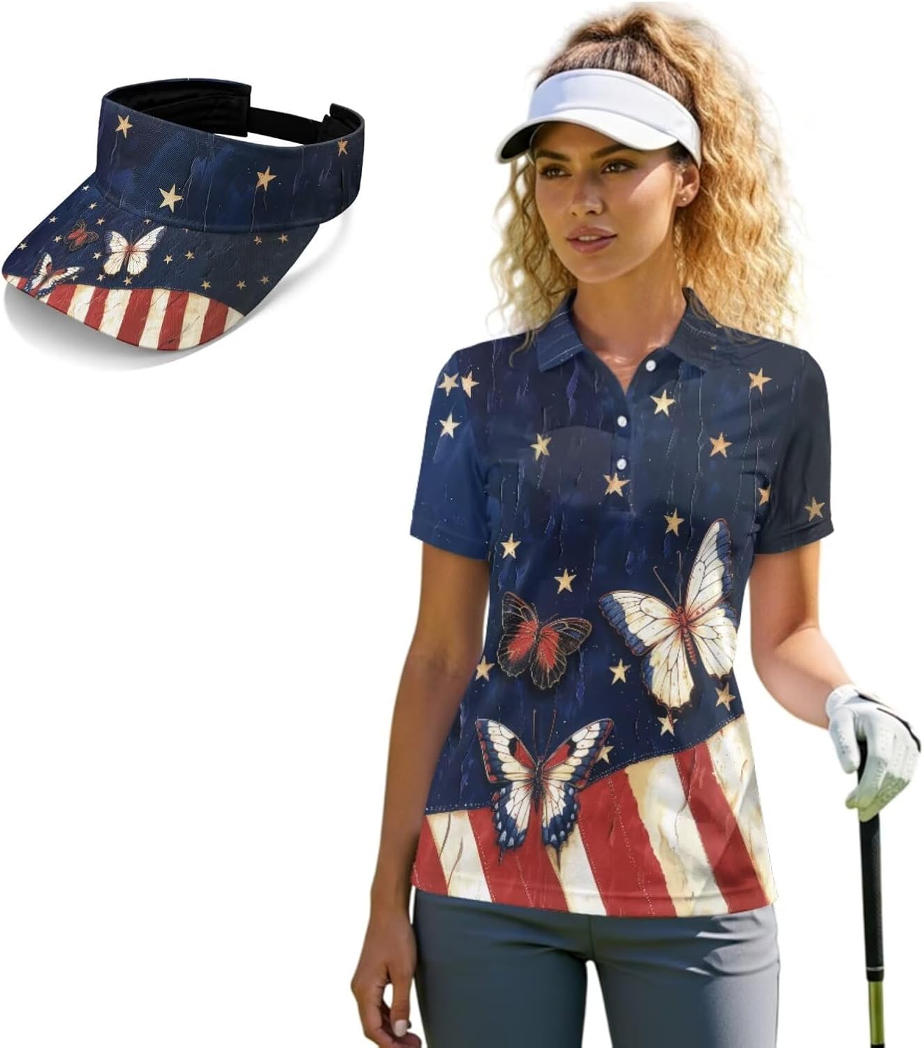 Women Golf Shirt and Sun Visor Set Summer Thin Light Short Sleeve Polo Tops for Golf Tennis