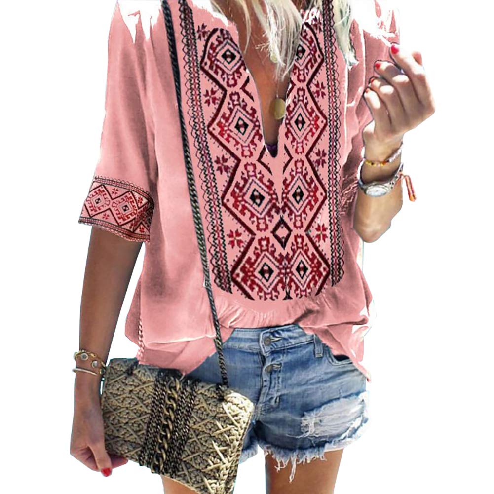 AKWomen's Summer V Neck Boho Embroidered Mexican Shirts Short Sleeve Casual Tops Blouse