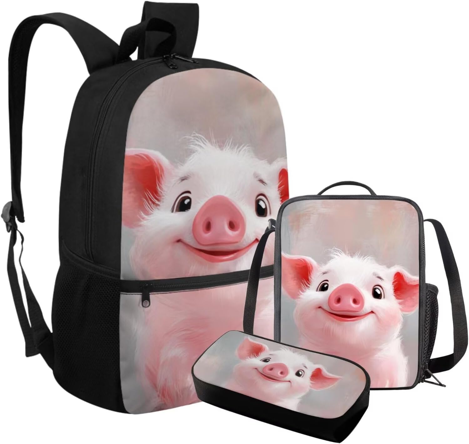 Cartoon Pig Backpack And Lunch Box for Girl Toddler,17 Inch School Bags for Girls 5-6 Years with Lunch Bag and Pencil Box Travel Bookbag with Adjustable Shoulder Strap for Kids 3 Pieces